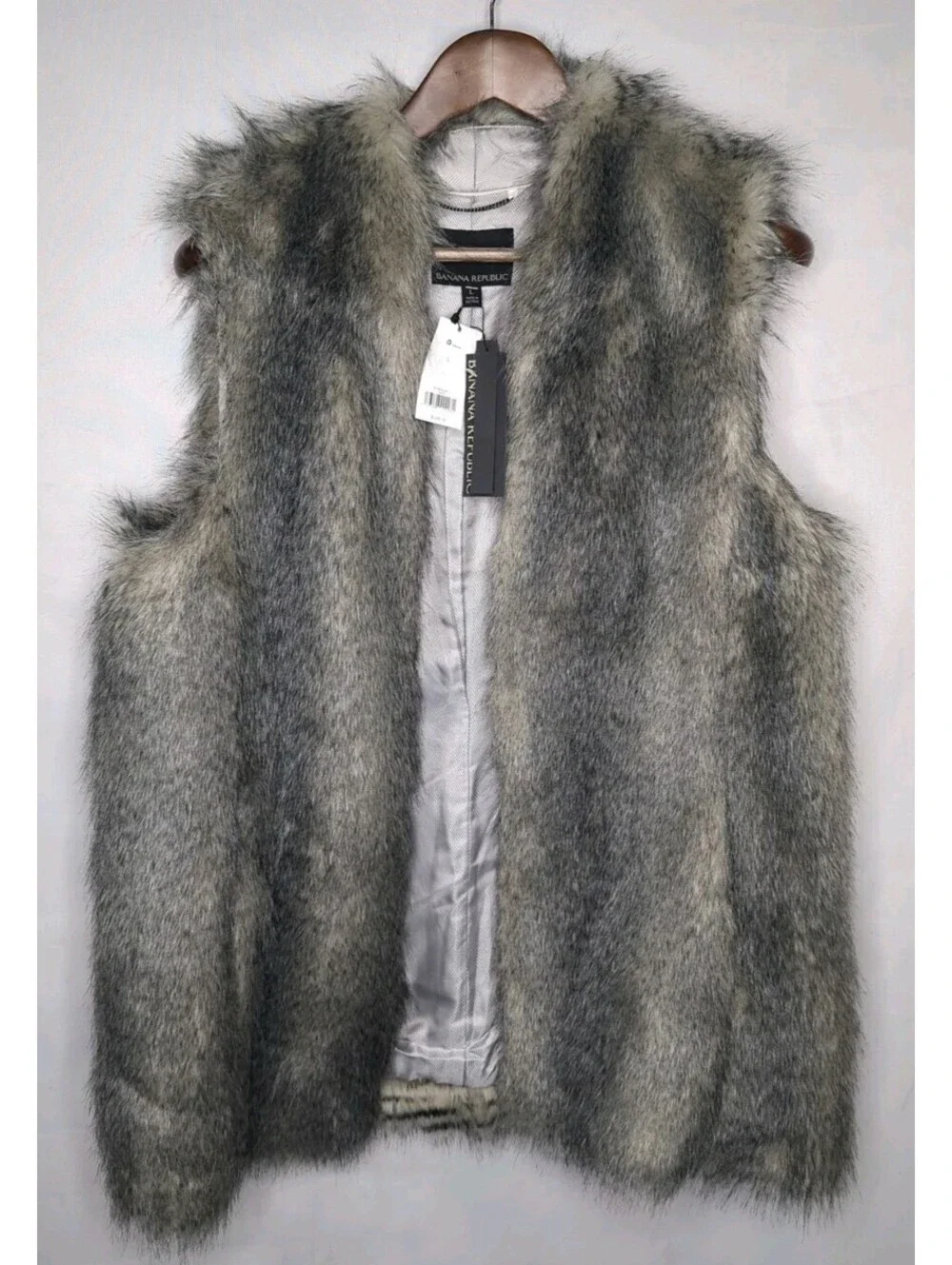 Banana Republic Faux Fur Vest Jacket Mid Long Oversize Length Grey Womens Large
